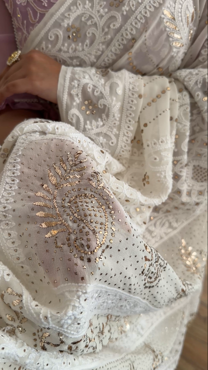 Ivory Hand-Embroidered Chikankari & Handcrafted Mukaish Saree