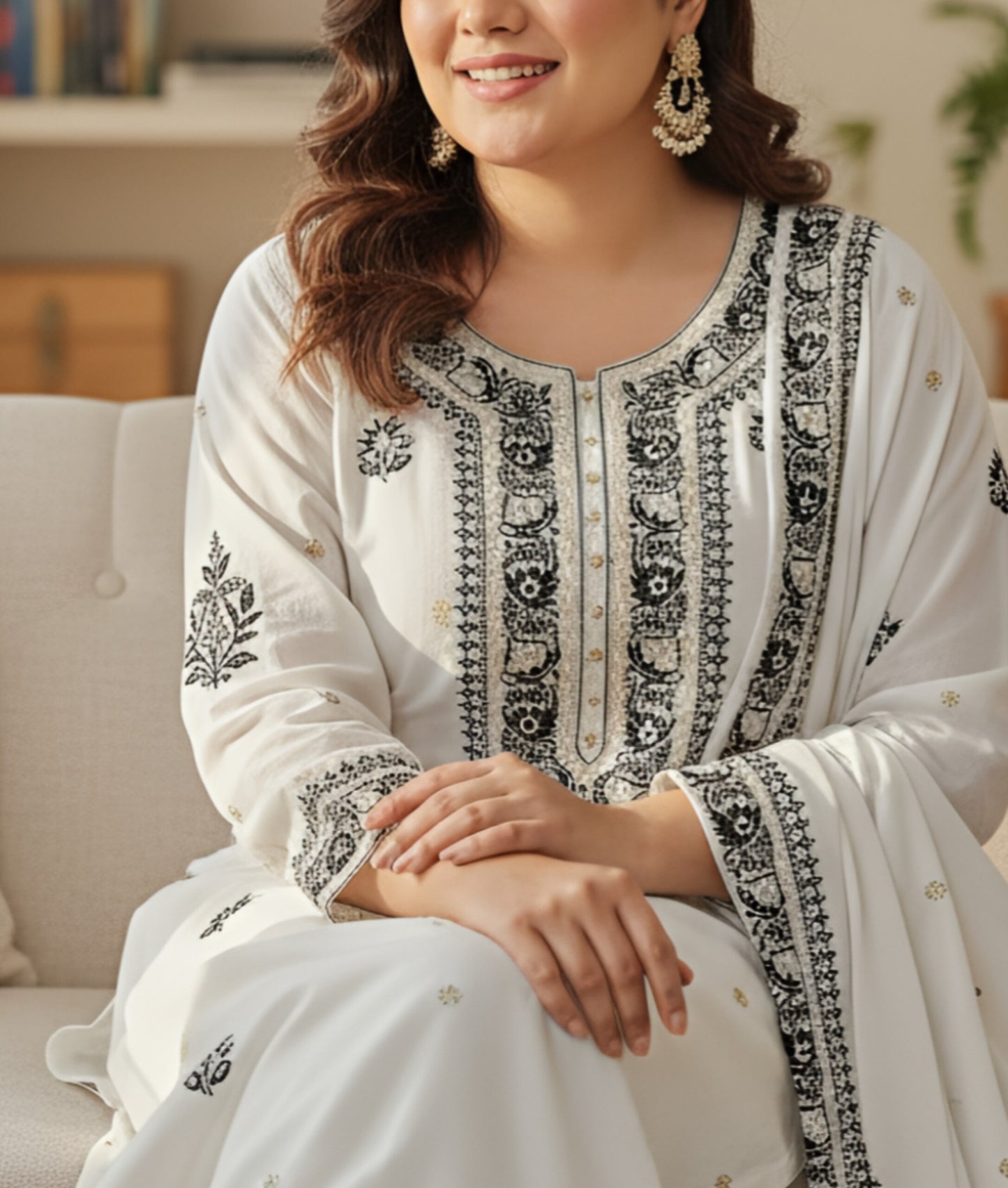 Black & White Crinkle Chiffon Suit with Chikankari and Embellishments