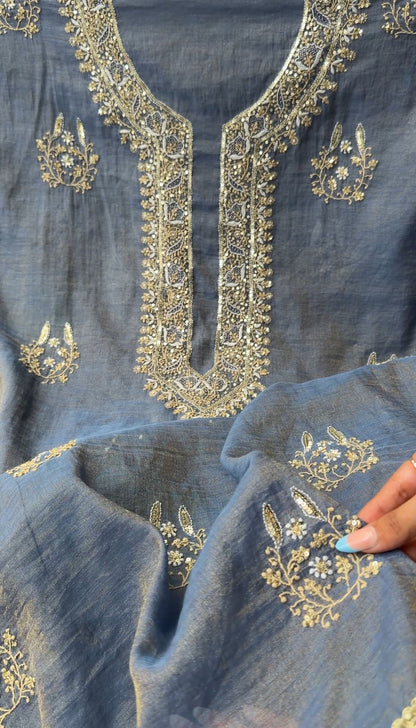 The Celestial "Chand" Ensemble | Pure Tissue Chanderi Silk Hand-Embroidered Chikankari Set