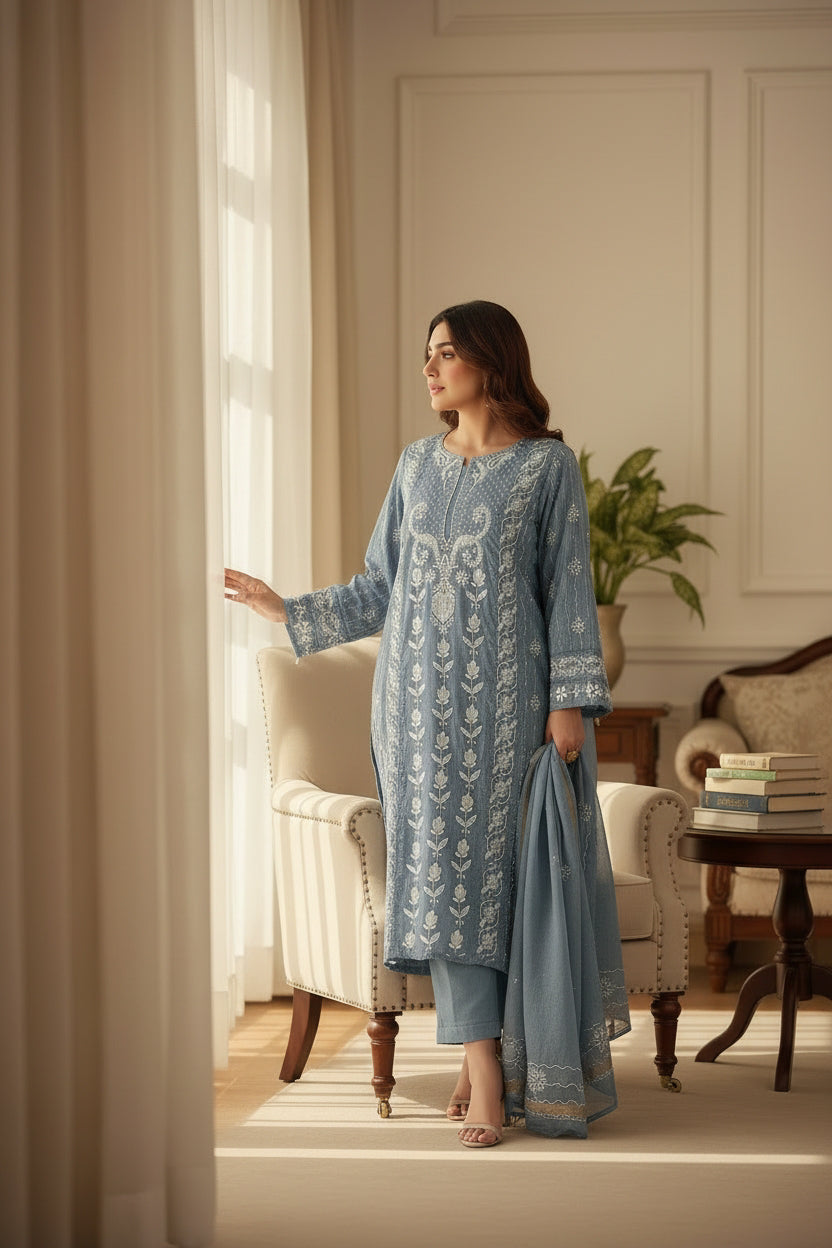 Blue Grey Tissue Chanderi Silk Suit with Chikankari and Embellishments