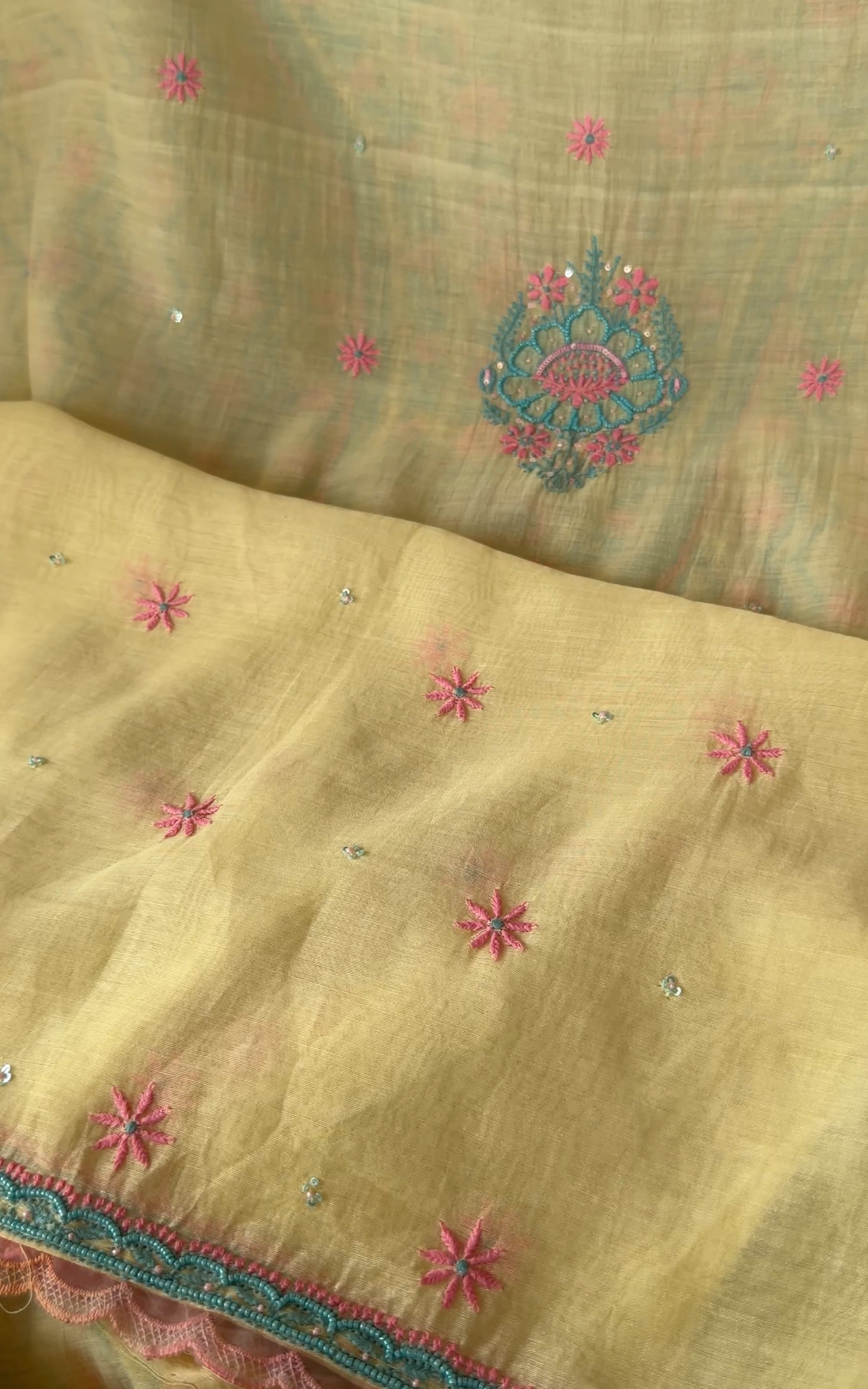 ShaSumz Exclusive: Vibrant Yellow Mul Chanderi Suit with Pastel Chikankari