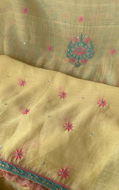 ShaSumz Exclusive: Vibrant Yellow Mul Chanderi Suit with Pastel Chikankari
