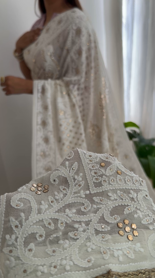 Ivory Hand-Embroidered Chikankari & Handcrafted Mukaish Saree