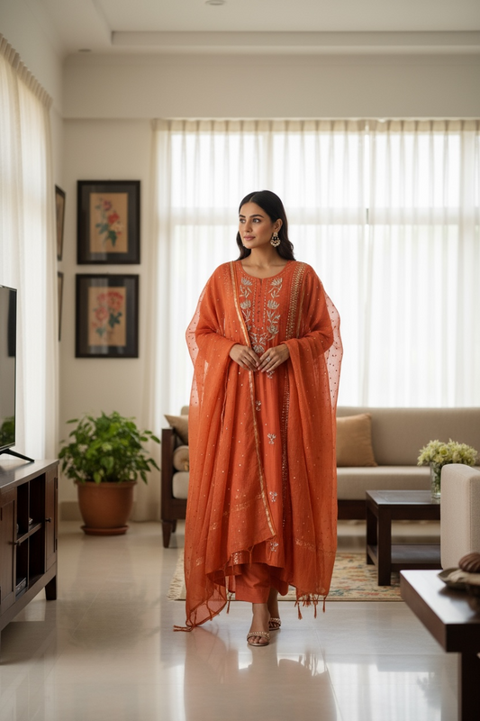 Rust Orange Mul Chanderi Suit with Mukaish worn by a woman in a modern living room setting.