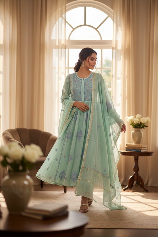 Cool Mint Green Mul Chanderi Peshwaz with Chikankari