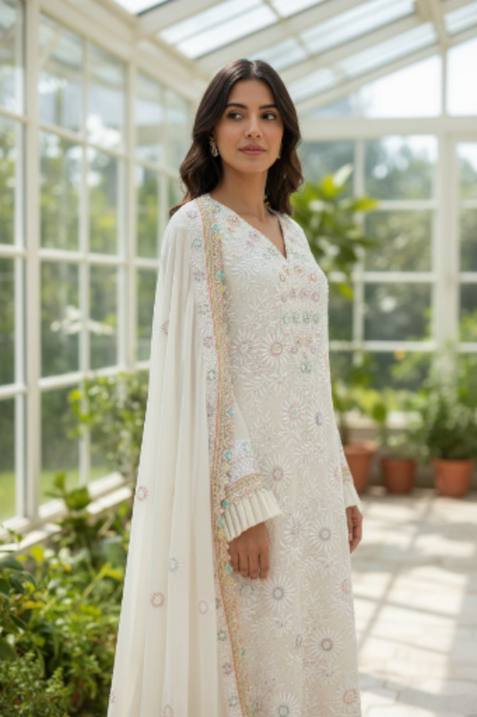 Off White Chikankari and Embellishments Suit