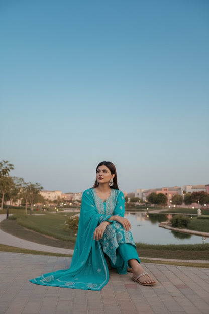 Pure Munga Silk Chikankari with Embellishments | Turquoise Classic