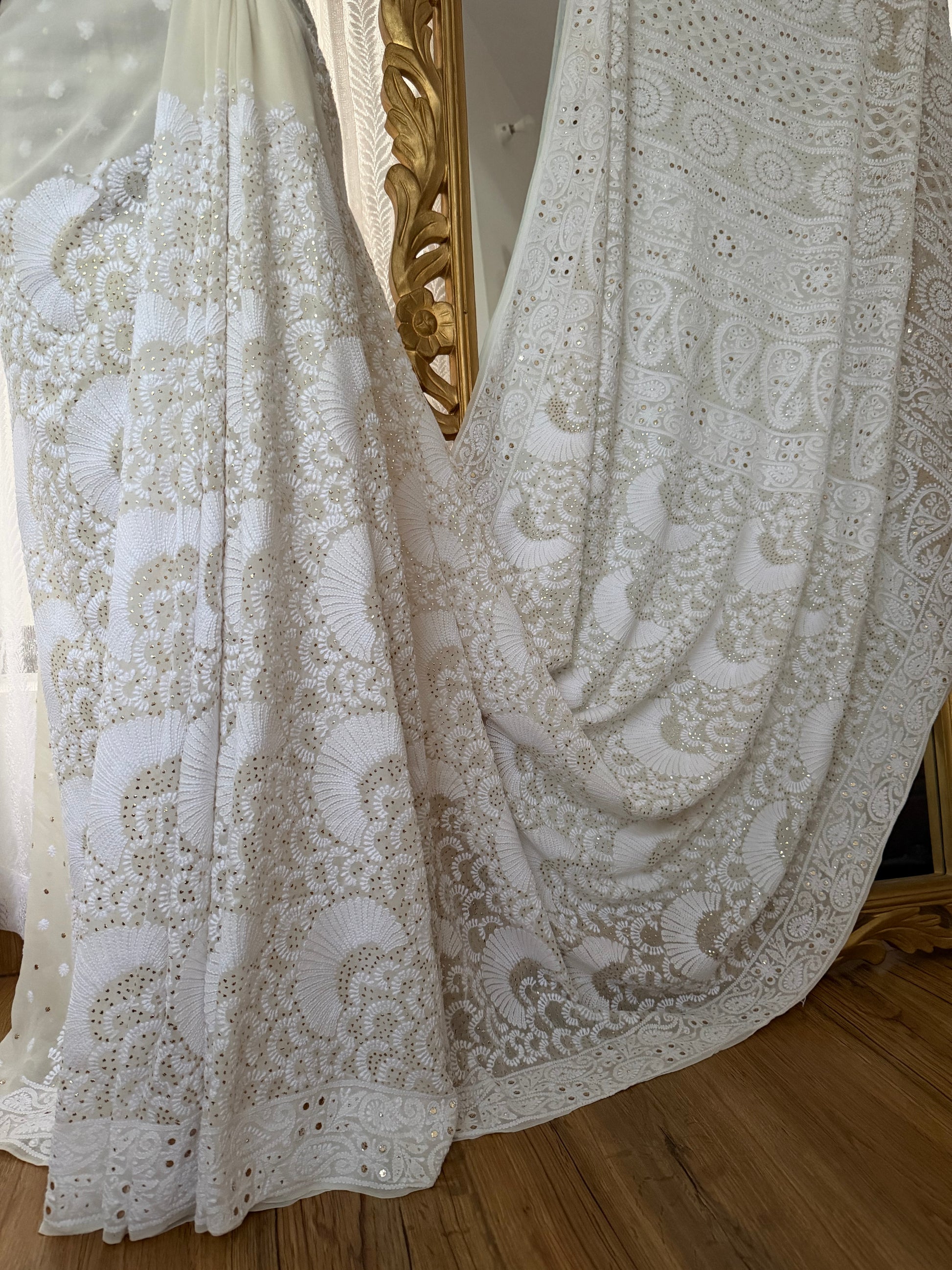 Pure Georgette Saree with Chikankari and Kamdani 