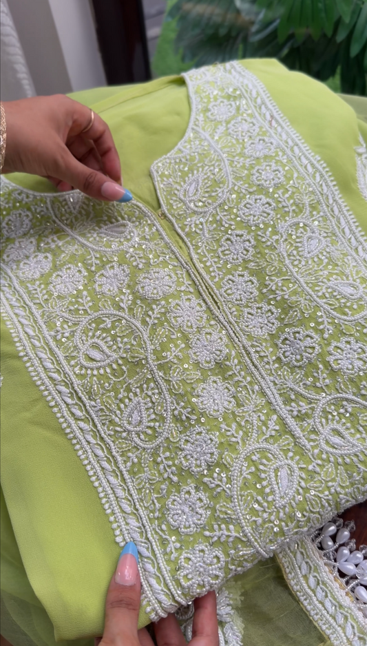 Lime Green Pure Georgette Suit with Fine Chikankari