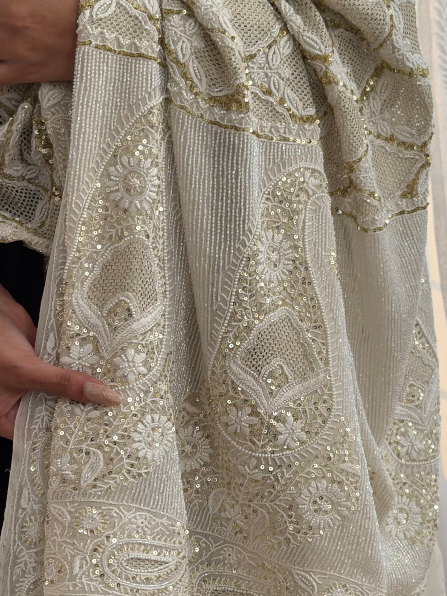 Close up of the border of The Heirloom Edit Hand-Crafted Chikankari & Kasab Jaali Dupatta