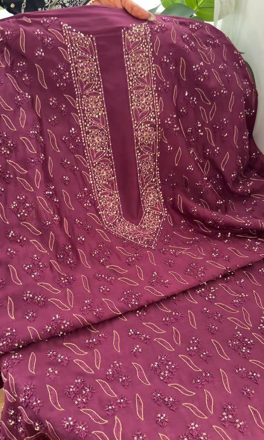 Royal Mulberry Hand-Embroidered Pure Chanderi Silk Suit Set