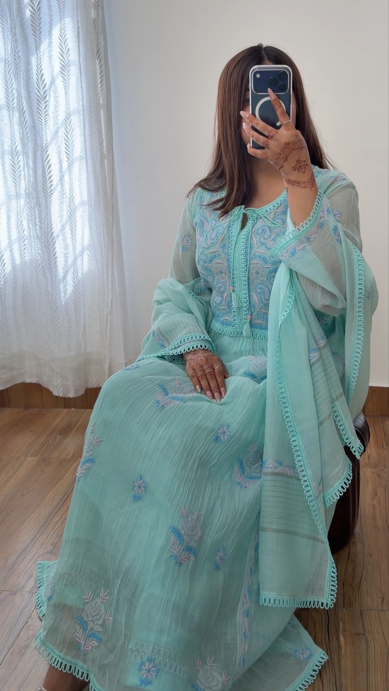 Cool Sea Green Mul Chanderi Kalidar Tunic with Chikankari