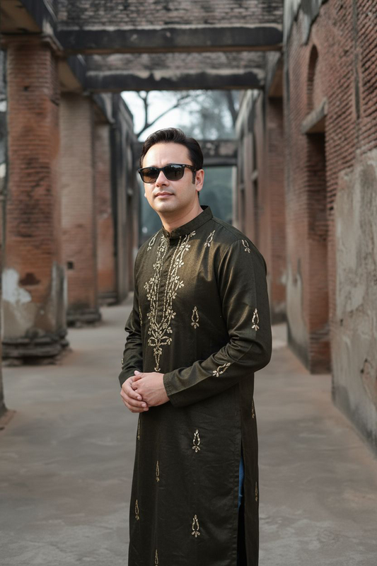 Mukaish kurta for men in black tissue silk worn by a man in sunglasses, showcasing elegant Badla Mukaish design.