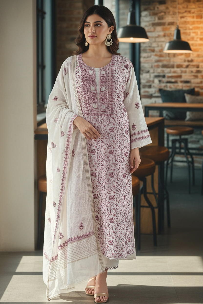 Mul Chanderi Suit with Chikankari and Haath Jaali