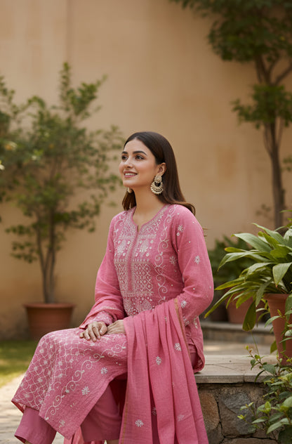 Pink Tissue Chanderi Silk Suit with Chikankari and Embellishments