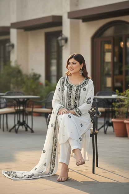 Black & White Crinkle Chiffon Suit with Chikankari and Embellishments