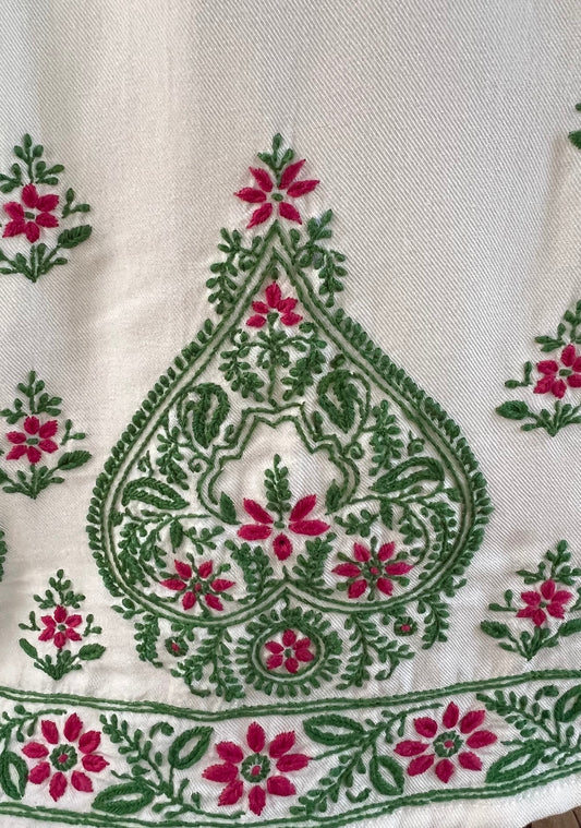 Close-up of hand-embroidered Chikankari on Off-White Pashmina Suit, showcasing intricate magenta and green floral designs.