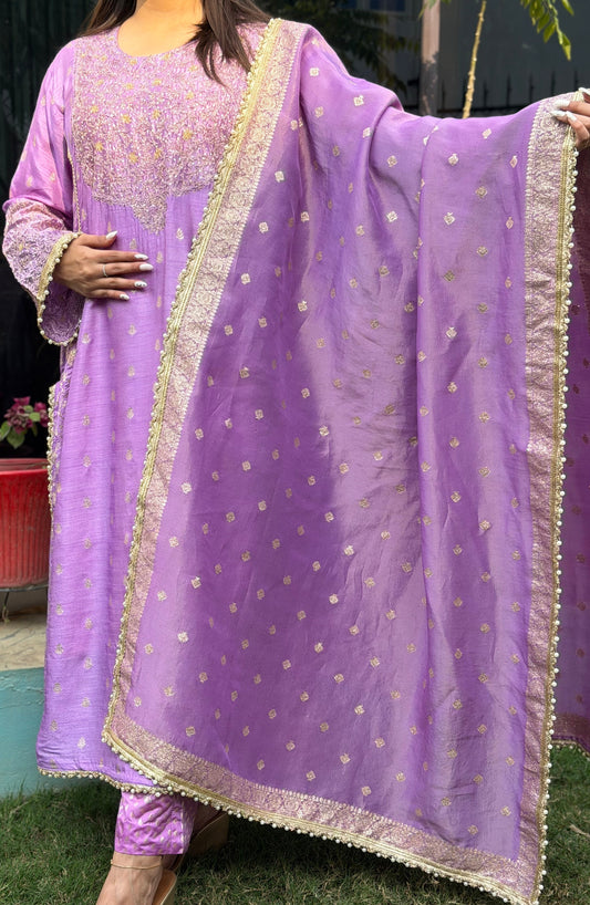 Pure Silk Suit with Zari, Resham French Knots and Sequins