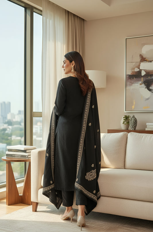 Black Shawl with Chikankari