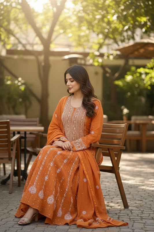 Rust Tissue Chanderi Silk Anarkali - Chikankari and Embellishments