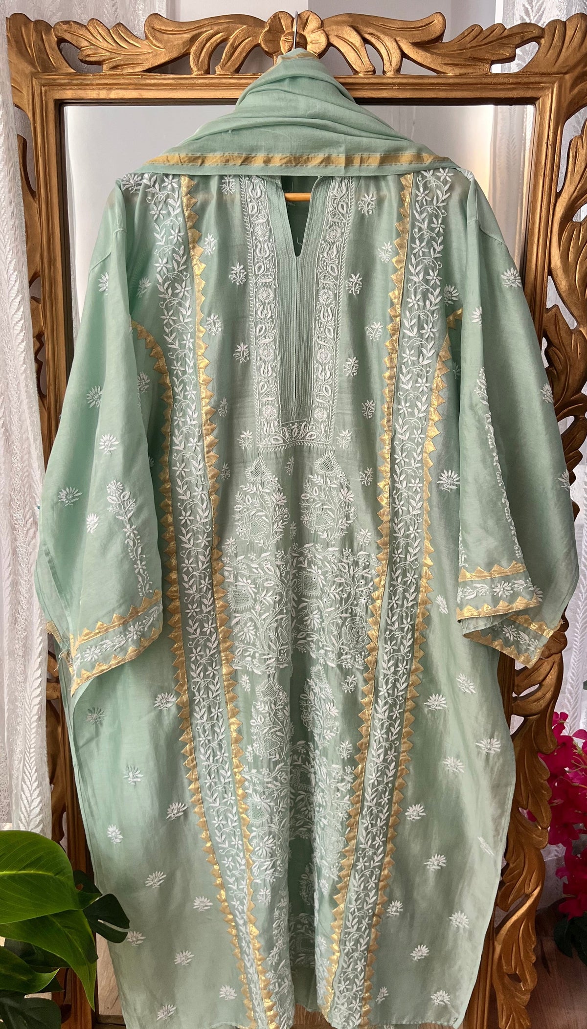 Moss green Pure Chanderi Silk Kurta Set with Chikankari and Applique