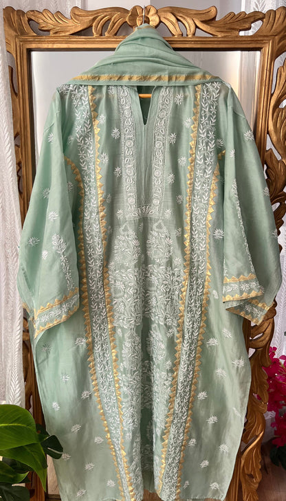 Moss green Pure Chanderi Silk Kurta Set with Chikankari and Applique