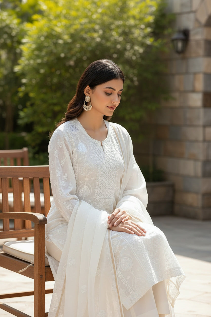 White Mul Chanderi Suit Set with Chikankari and Embellishments