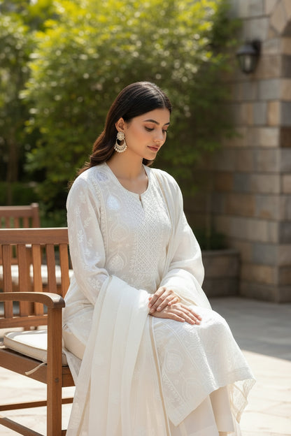 White Mul Chanderi Suit Set with Chikankari and Embellishments