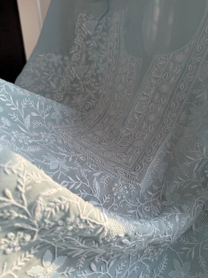 Intricate embroidery on the powder blue pure georgette suit with do Taar chikankari and Haath Jaali.