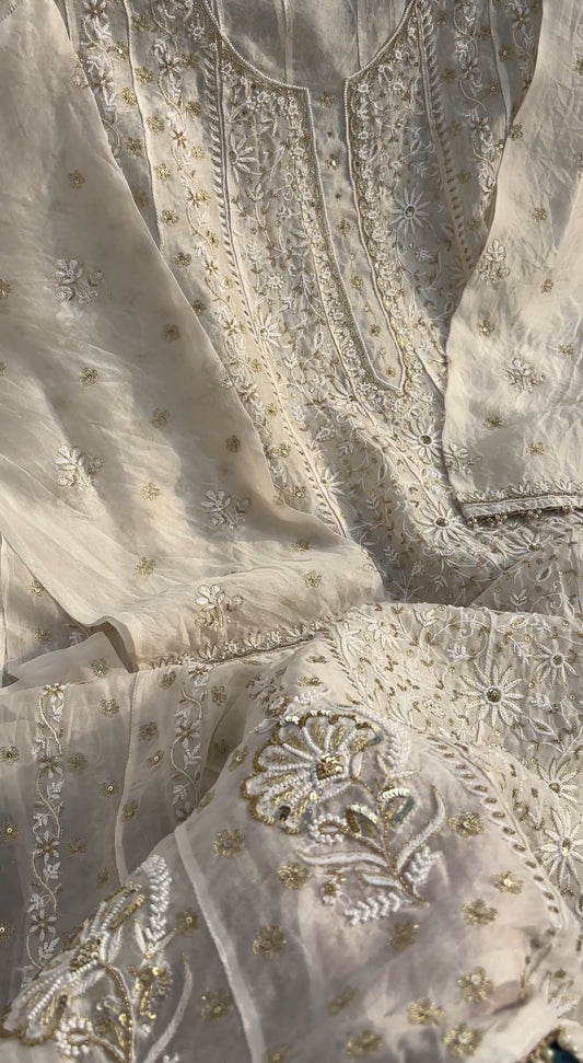 Pure Organza Silk Anarkali – Hand-Embroidered Chikankari & Luxe Embellishments
