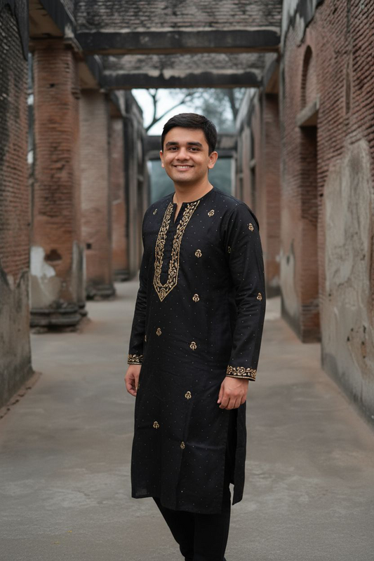 Mukaish Kurta for Men in pure silk, featuring intricate embroidery, worn by a man in a stylish outdoor setting.