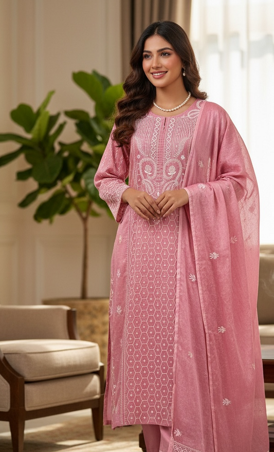 Pink Tissue Chanderi Suit with Chikankari & Pearls
