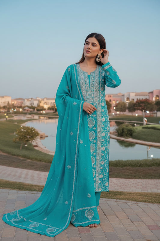 Pure Munga Silk Chikankari with Embellishments | Turquoise Classic