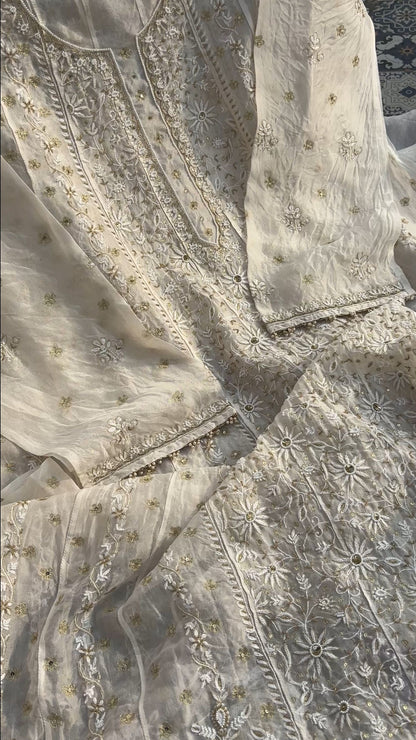 Pure Organza Silk Anarkali – Hand-Embroidered Chikankari & Luxe Embellishments