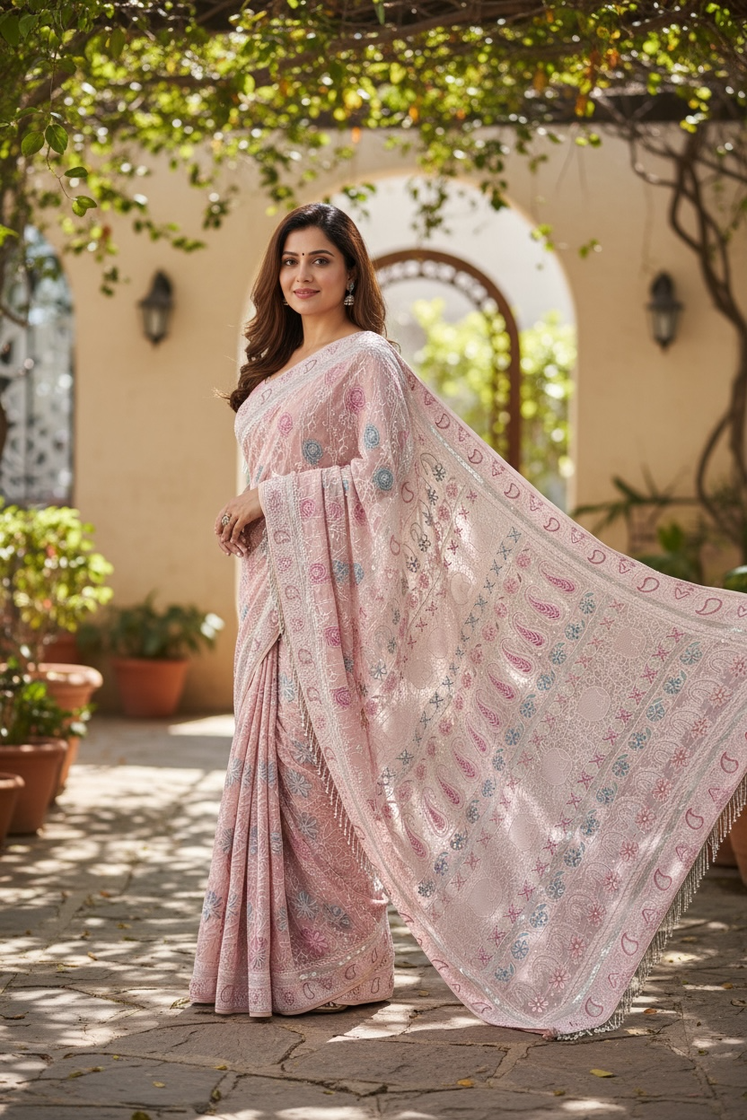 Pure Georgette Saree with Chikankari and Embellishments