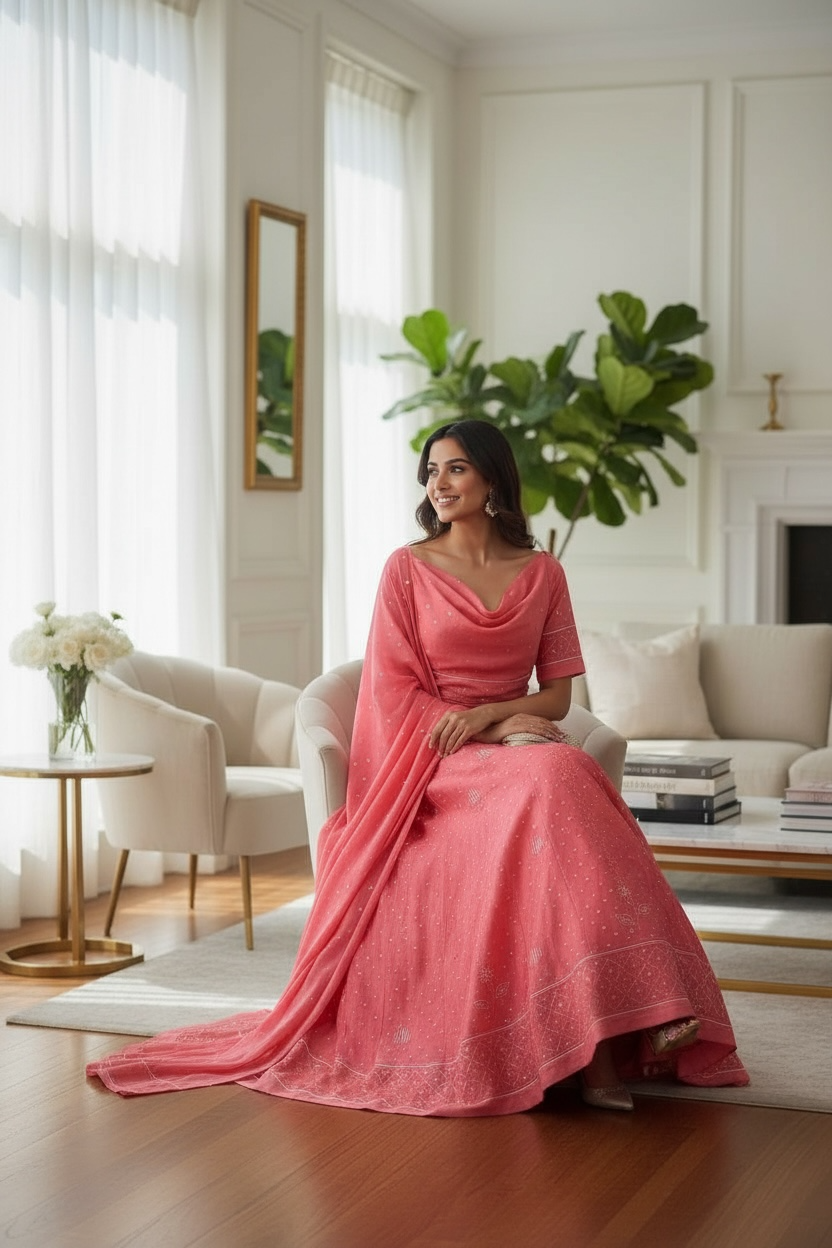 Coral Pink Chikankari and Mukaish Lehanga Set