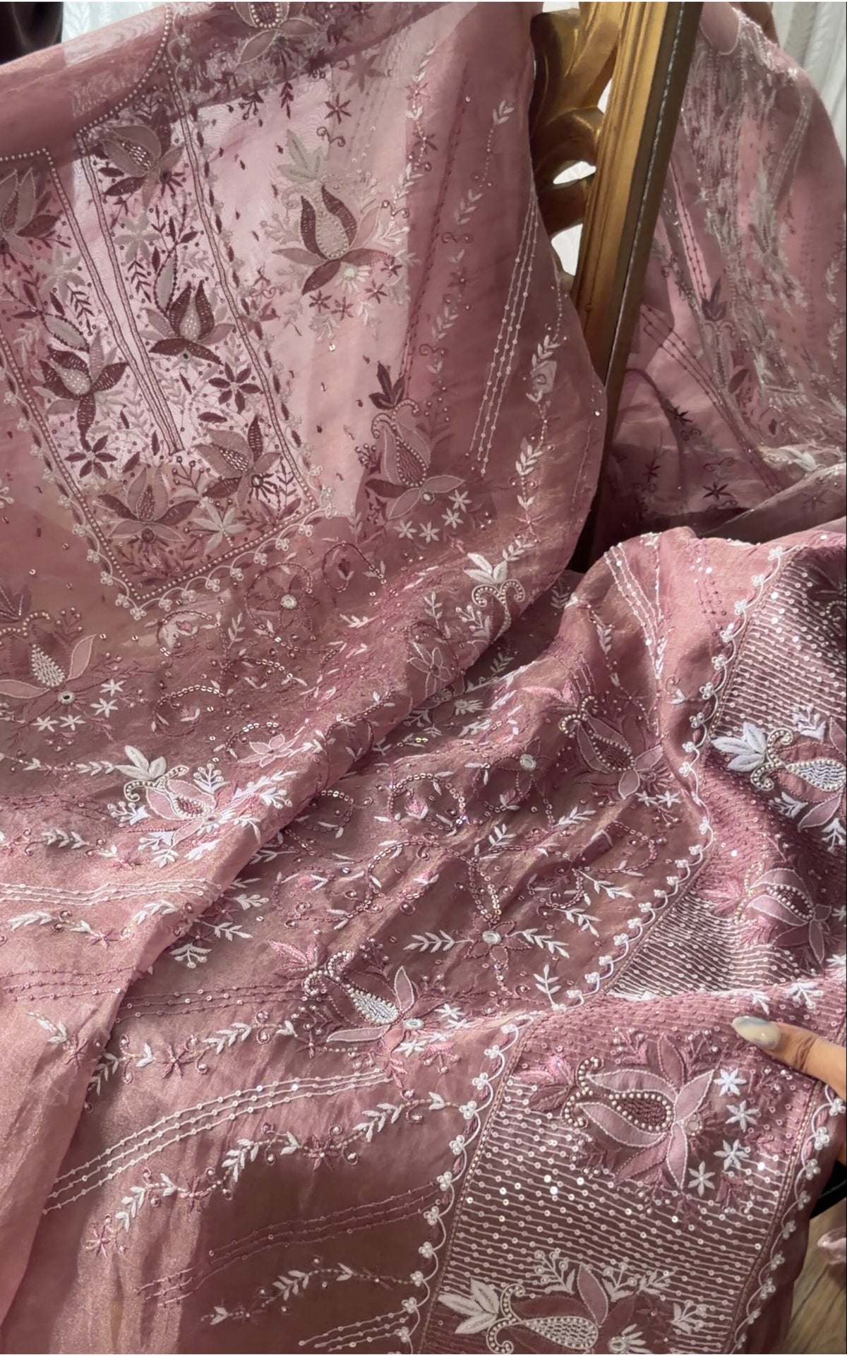 Wine Color Pure Organza Tissue Silk Suit Set with Hand Embroidery