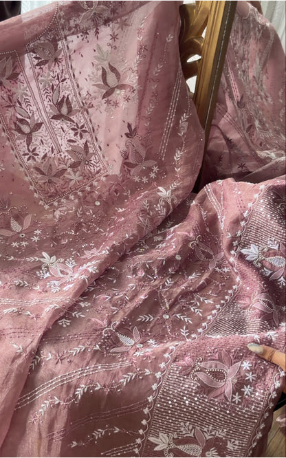 Wine Color Pure Organza Tissue Silk Suit Set with Hand Embroidery