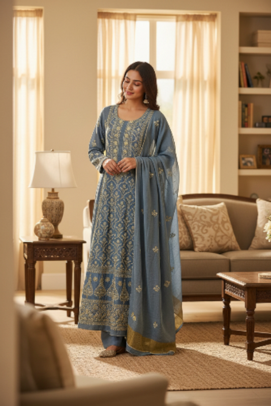 Dusty Blue Tissue Chanderi Anarkali with Chikankari, Cutdana & Sequin Work