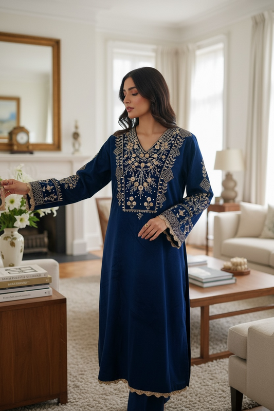 Midnight Blue Velvet Kurta with Zardozi – A Royal Classic Reimagined