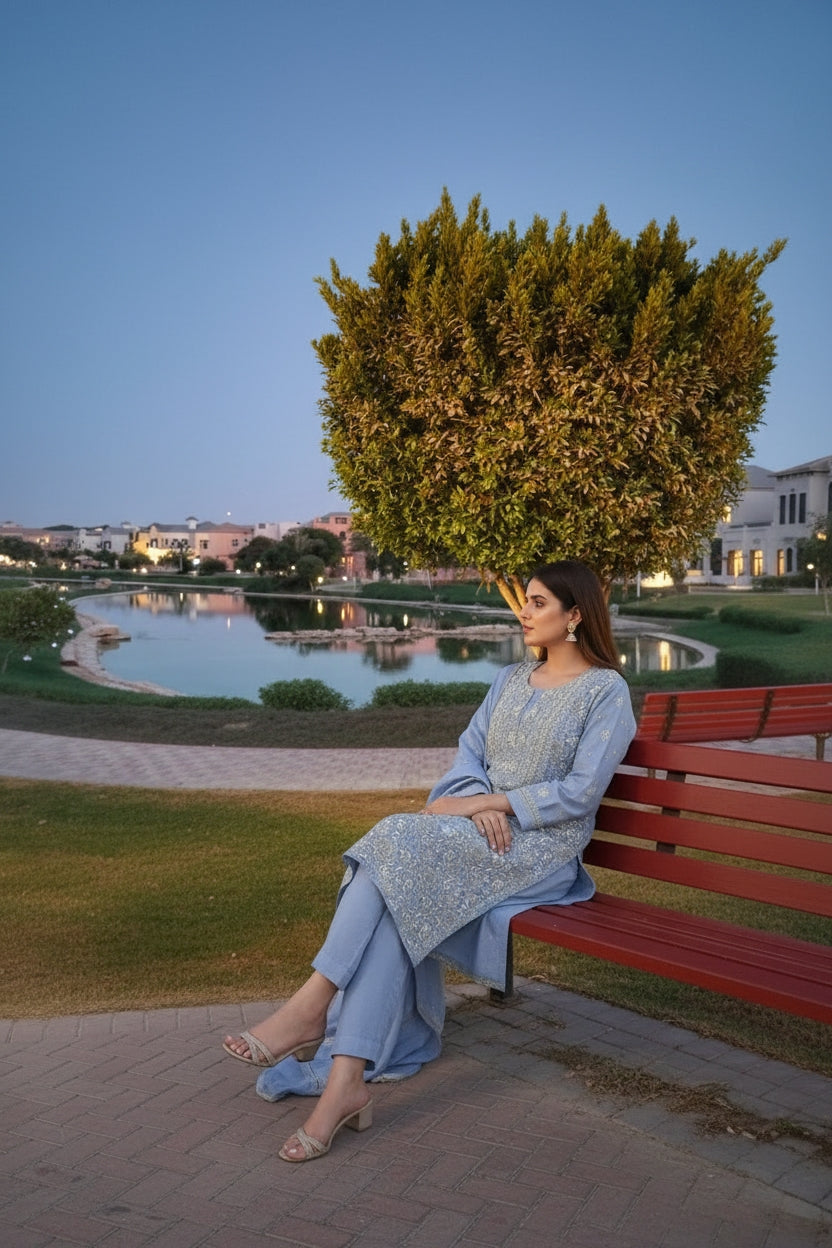 Periwinkle Blue Pure Munga Silk Chikankari & Embellishments Suit