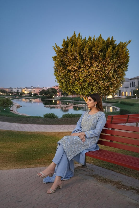 Periwinkle Blue Pure Munga Silk Chikankari & Embellishments Suit