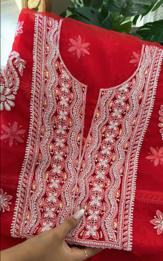 Red Organza Chikankari Suit with Pearls