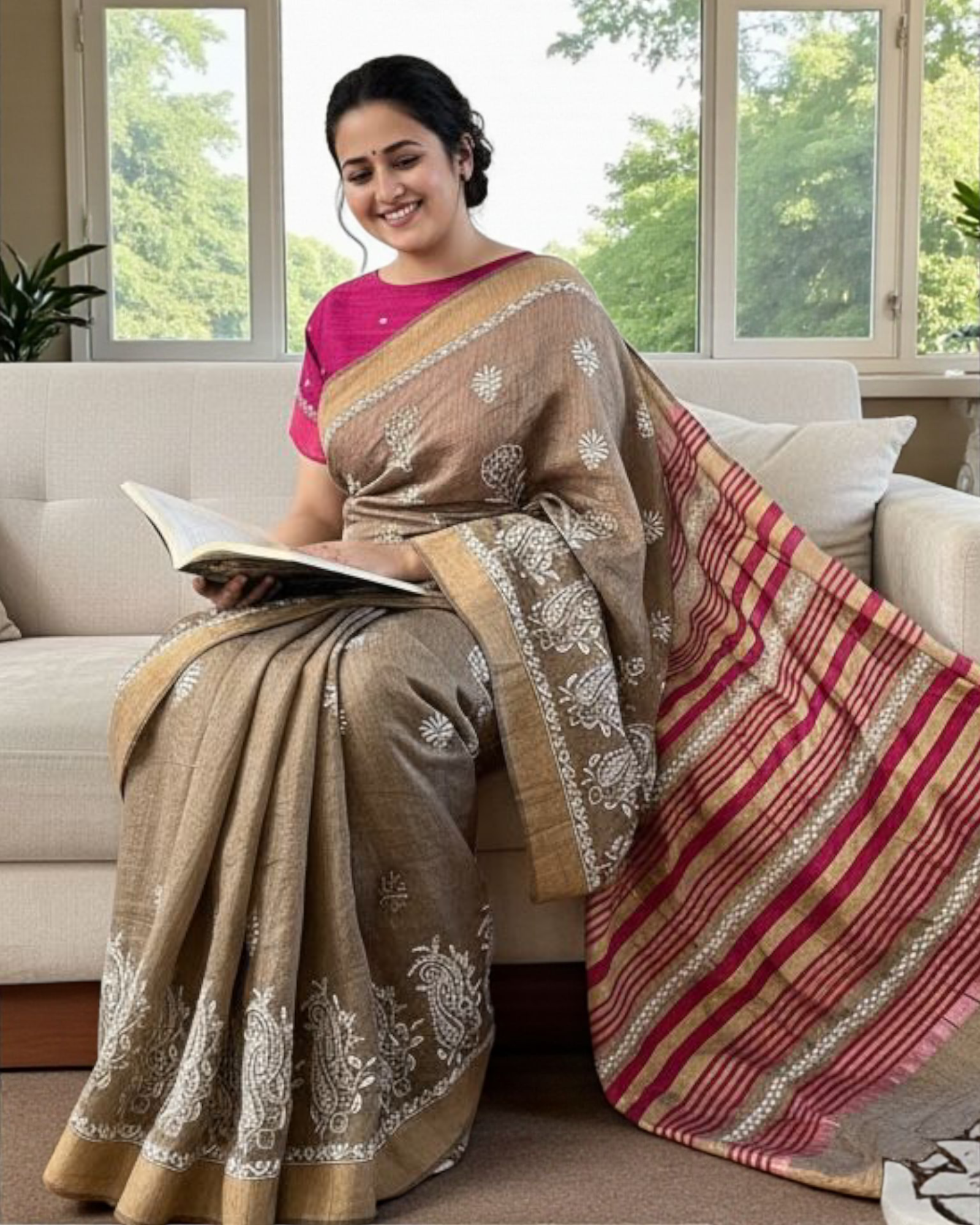 Model sitting in a room while wearing Pure Tussar Silk Saree With Chikankari