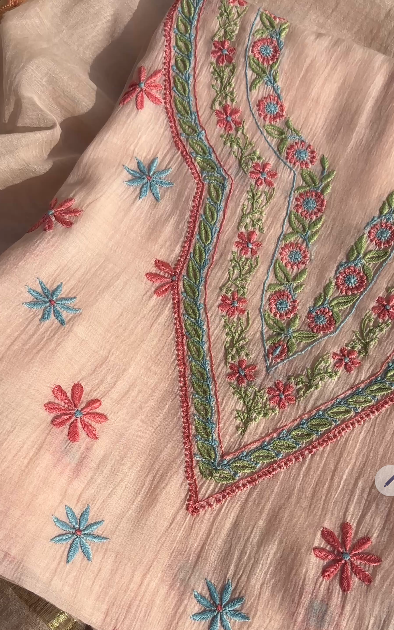 Soft Peach Mul Chanderi Suit Set with Multi Colour Chikankari