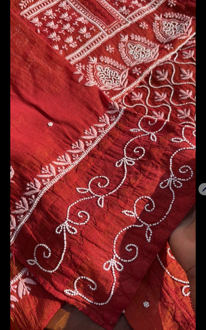 Maroon Tissue Chanderi Silk Suit with Chikankari and Embellishments