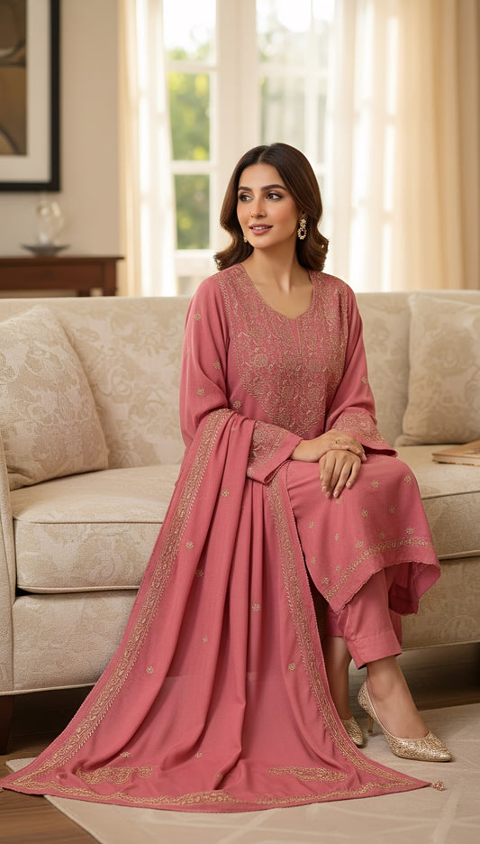 Handcrafted Pashmina Suit with Chikankari & Mukaish Kamdani