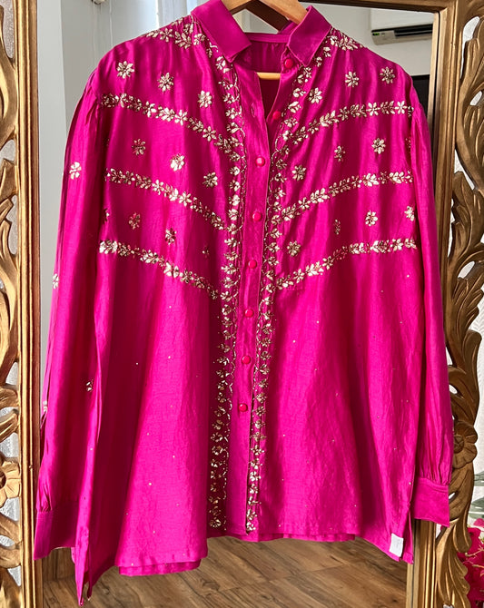 Fuchsia Pure Chanderi Silk Shirt with Mukaish