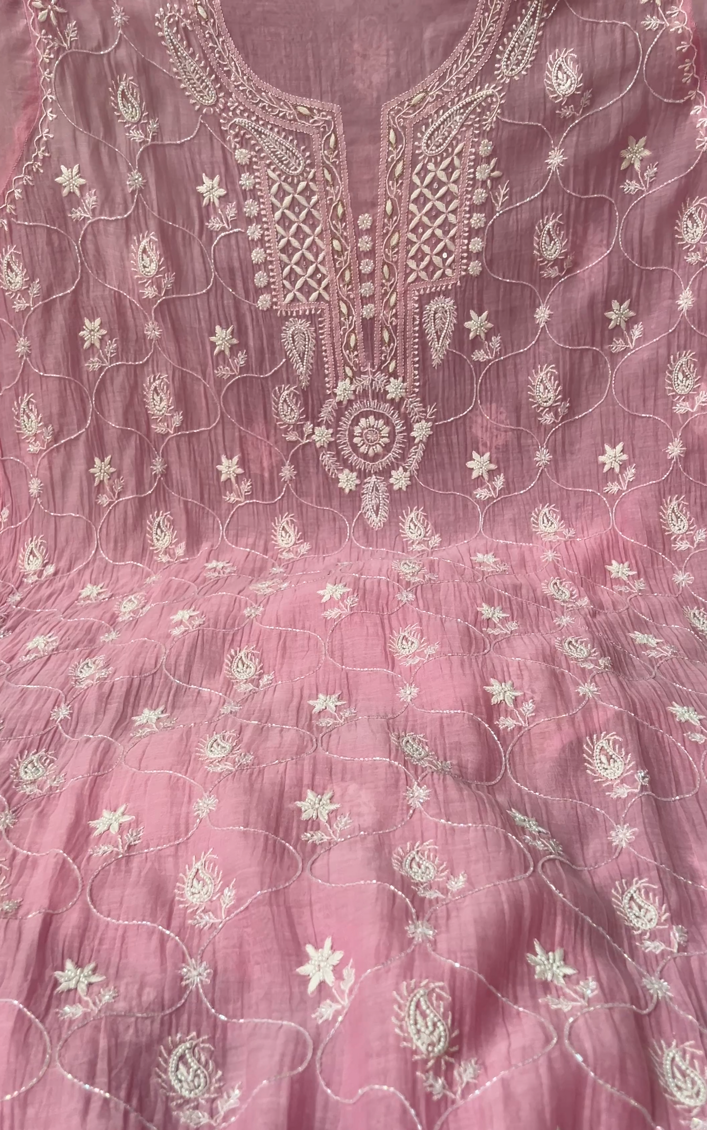 Rose Pink Mul Chanderi Suit with Chikankari & Embellishments
