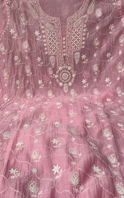 Rose Pink Mul Chanderi Suit with Chikankari & Embellishments